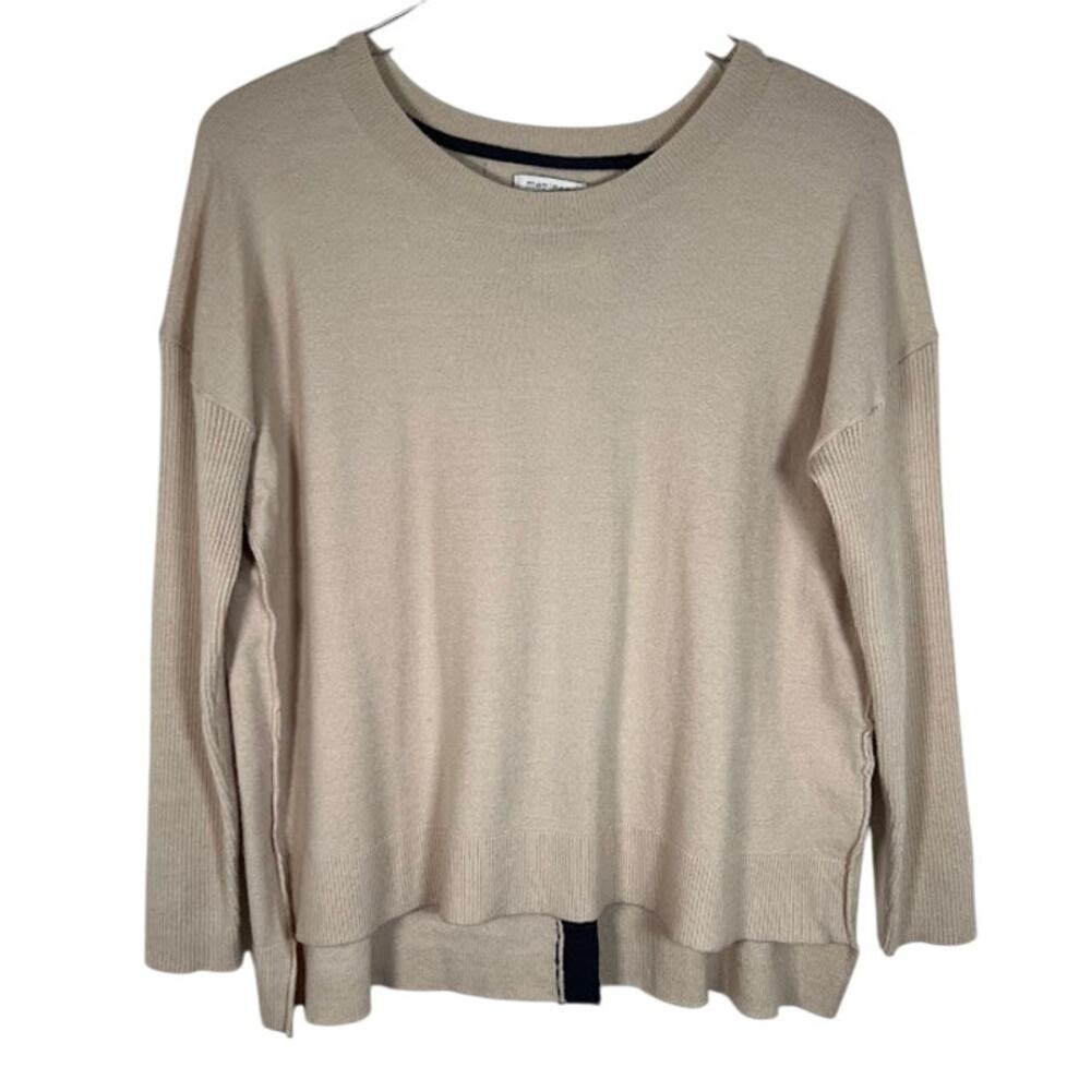 Mer Sea Women's Crew Neck Sweater S/M Beige Gray Contrast Back Split Rib Trim